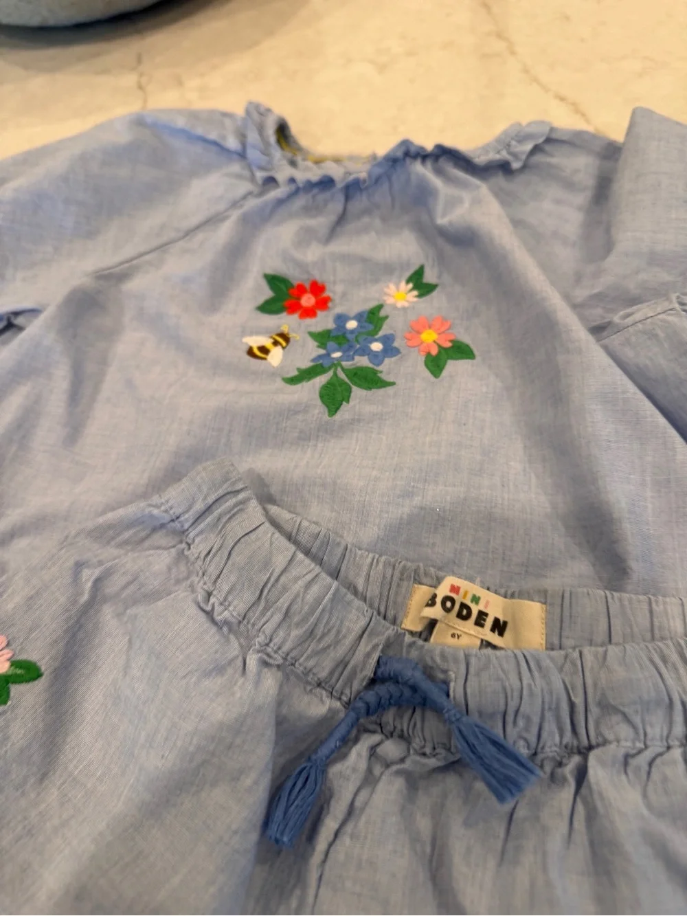 Mini Boden Light Blue Embroidered Floral Top & Shorts Set